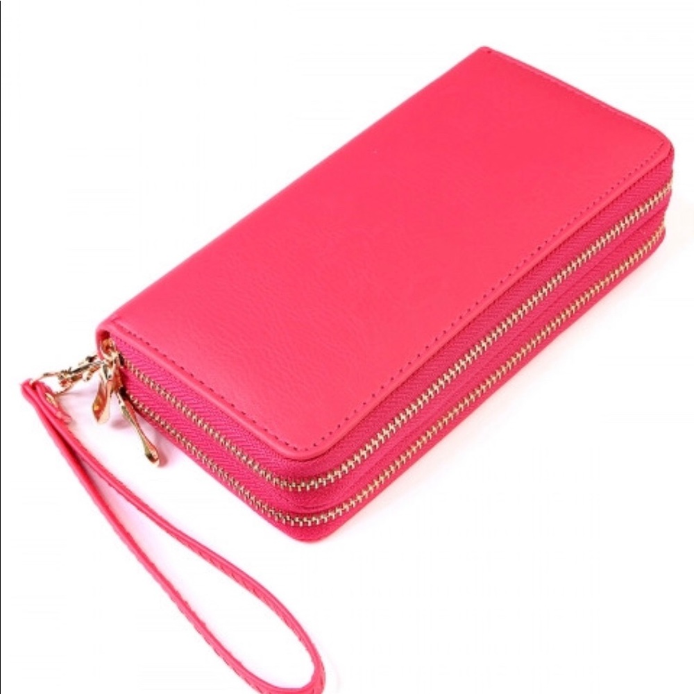 Pink textured faux leather double zipper purse